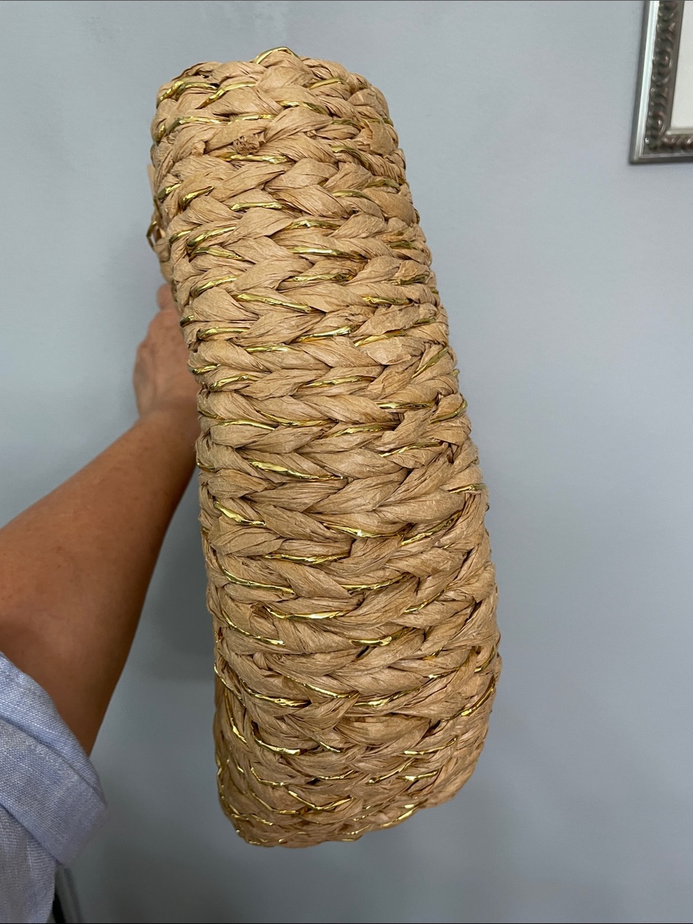 Woven Straw Half-Moon Tote with Wooden Handles and Gold Thread - Natural - Picture 5 of 7